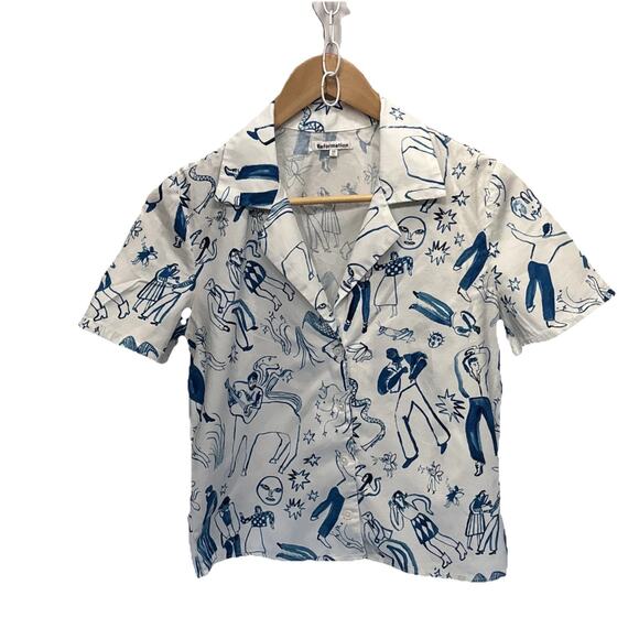 Reformation Women’s XS Joey Yu Fine Prints Button Front Short Sleeve Printed Top - Picture 1 of 12